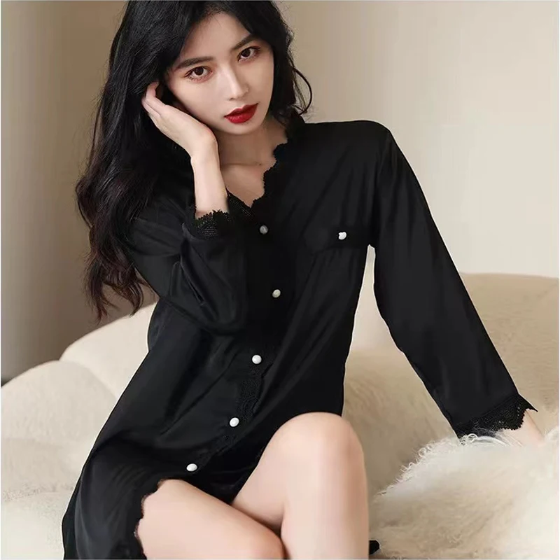 Spring And Summer Sexy Cardigan Solid Color Long-Sleeved Ice Silk Casual Home Service Pajamas Nightdress Women