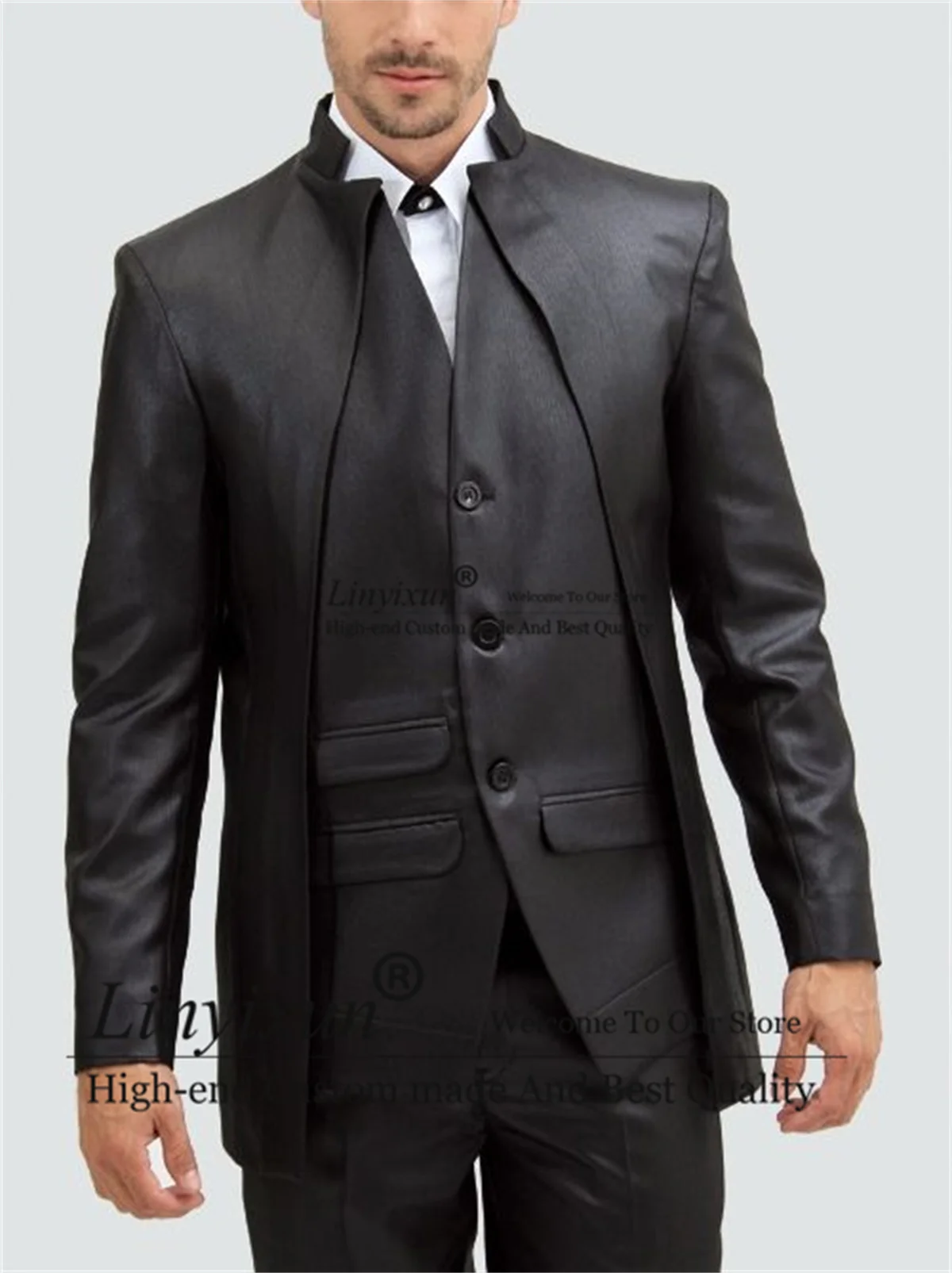 

Черные свадебные костюмы для мужчин, смокинг с воротником-стойкой для жениха, комплекты из 2 предметов, деловые мужские костюмы из искусственной кожи, облегающий мужской костюм