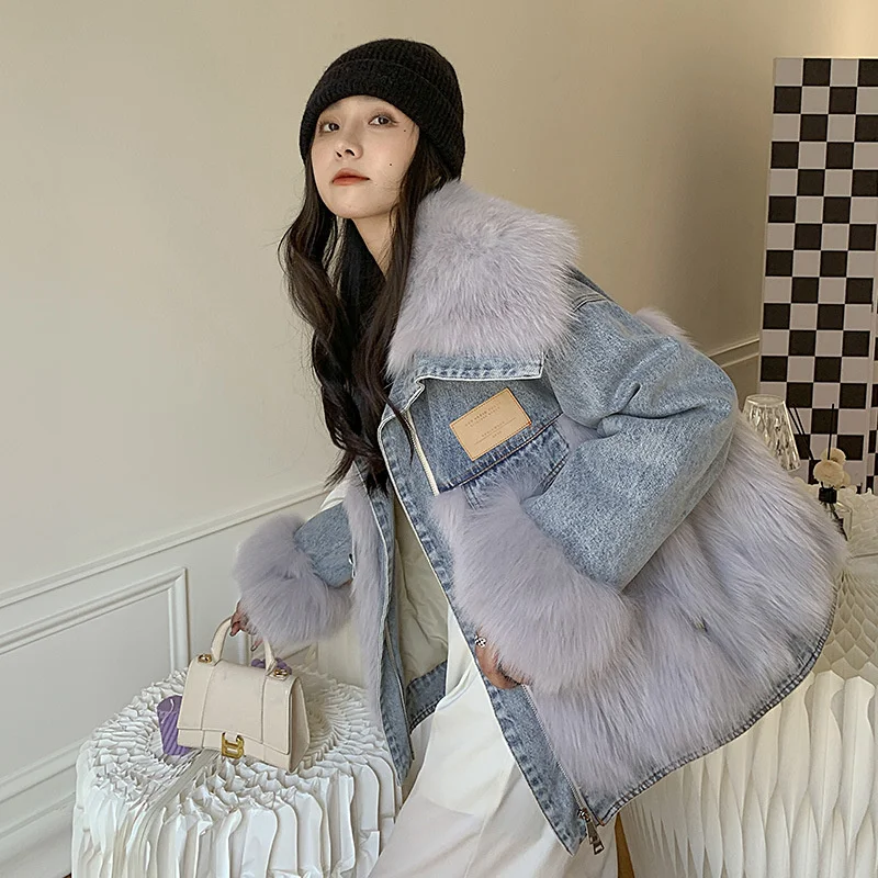 

Winter Coats For Women 2022 Fashion Short Natural Fox Fur Lapel Splicing Denim Jacket Loose Warm Real Fox Fur Pike Outerwear