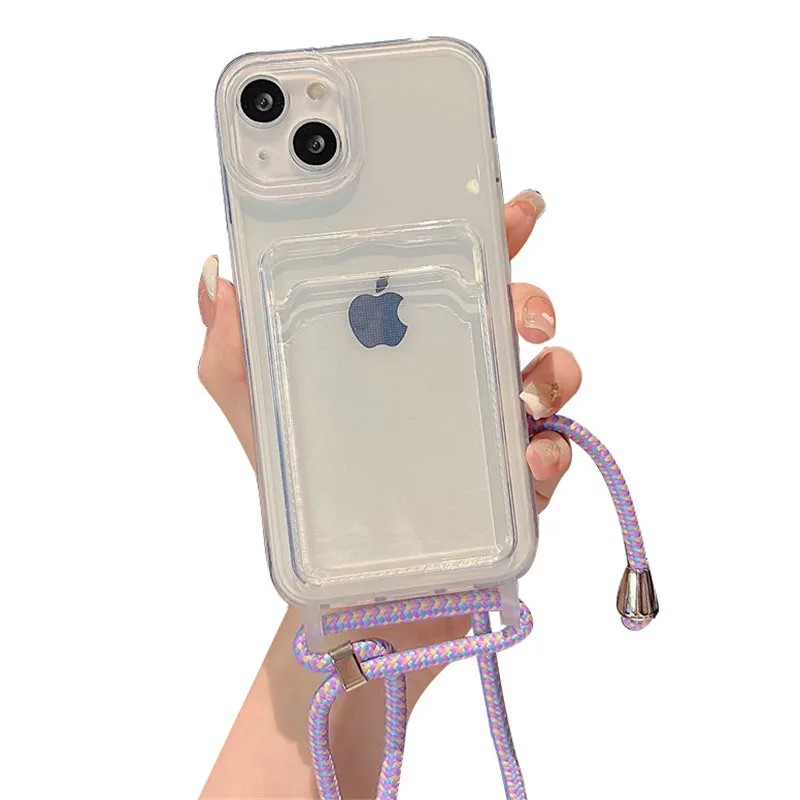 

Transparent Card Holder Crossbody Necklace Cord Lanyard Case For iPhone 14 11 12 13 Pro Max 13Pro 14Plus Shockproof Wallet Cover