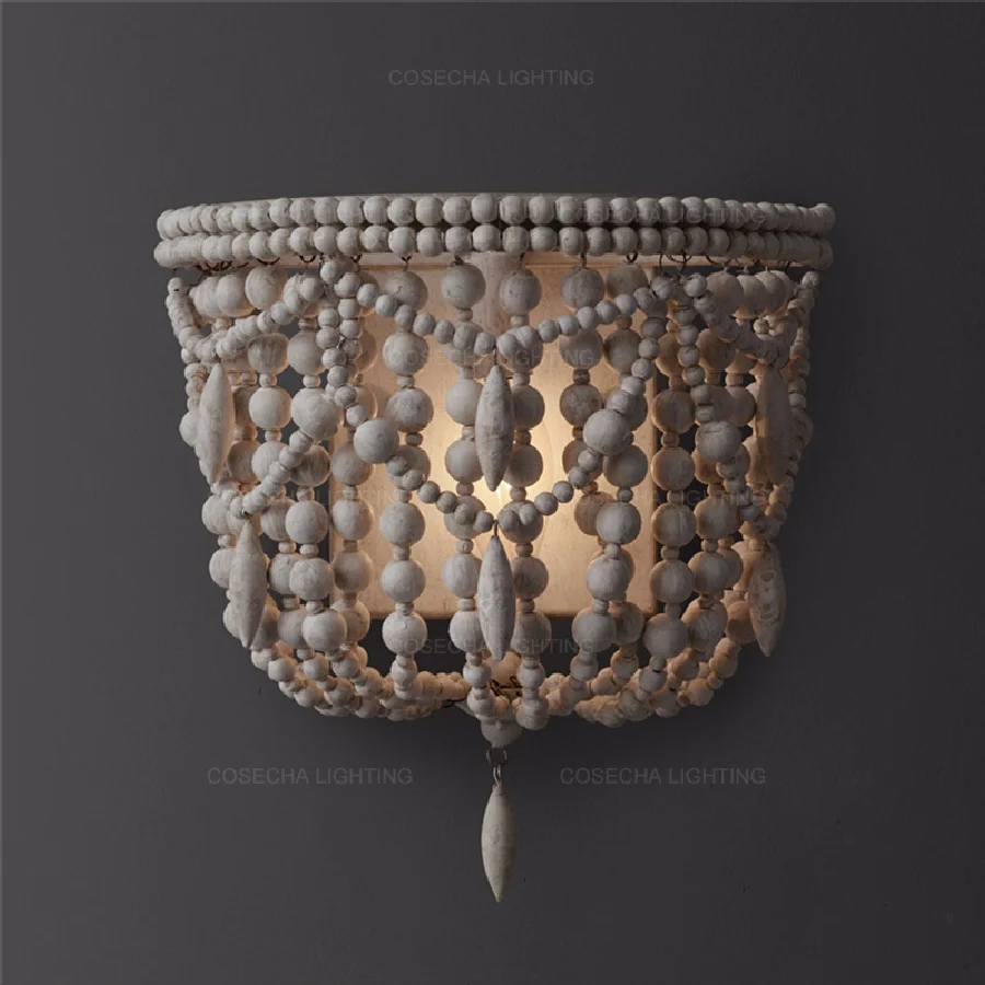 

Винтажный настенный светильник с белыми деревянными бусинами, французское американское настенное бра из дерева в спальне, сельском хозяйстве, коридоре, прихожей, комнате для девочек