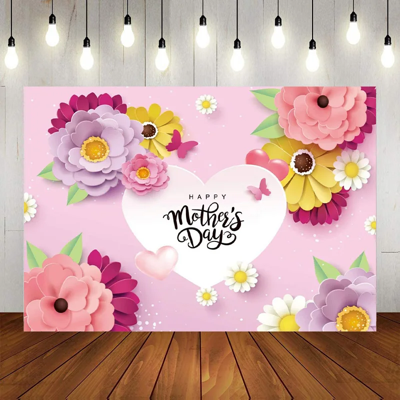 

Happy Mother's Day Party Backdrop Floral Lace Rose Peony Photography Background Brown Wood Mom's Festival Celebration Banner