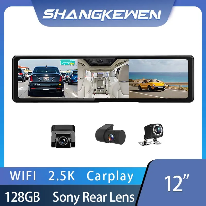 

12 Inch 2.5K Car Dashcam with WiFi Touch Screen CarPlay Voice Control Three Lens Bluetooth Rear Camera Dash Cam Car Accessories