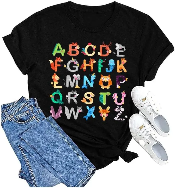Women Teacher Shirts Teaching Tshirts Funny ABC Animals Alphabet Graphic Tee Cute Kindergarten Teachers Gift T Shirt