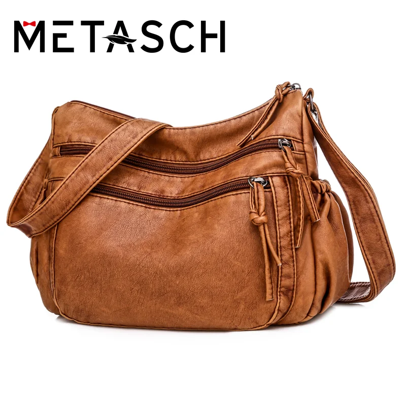 

METASCH Vintage Women Shoulder Bag PU Leather Crossbody Bag Soft Purse Multi-pockets Messenger Flap Bag Designer Lady Handbag