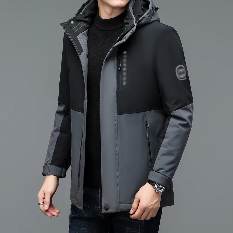 Men Basic Hooded Puffer Parkas Black Grey Colour Block Patchwork Design Thick Thermal Puff Overcoat Lining Detachable Warm Coat