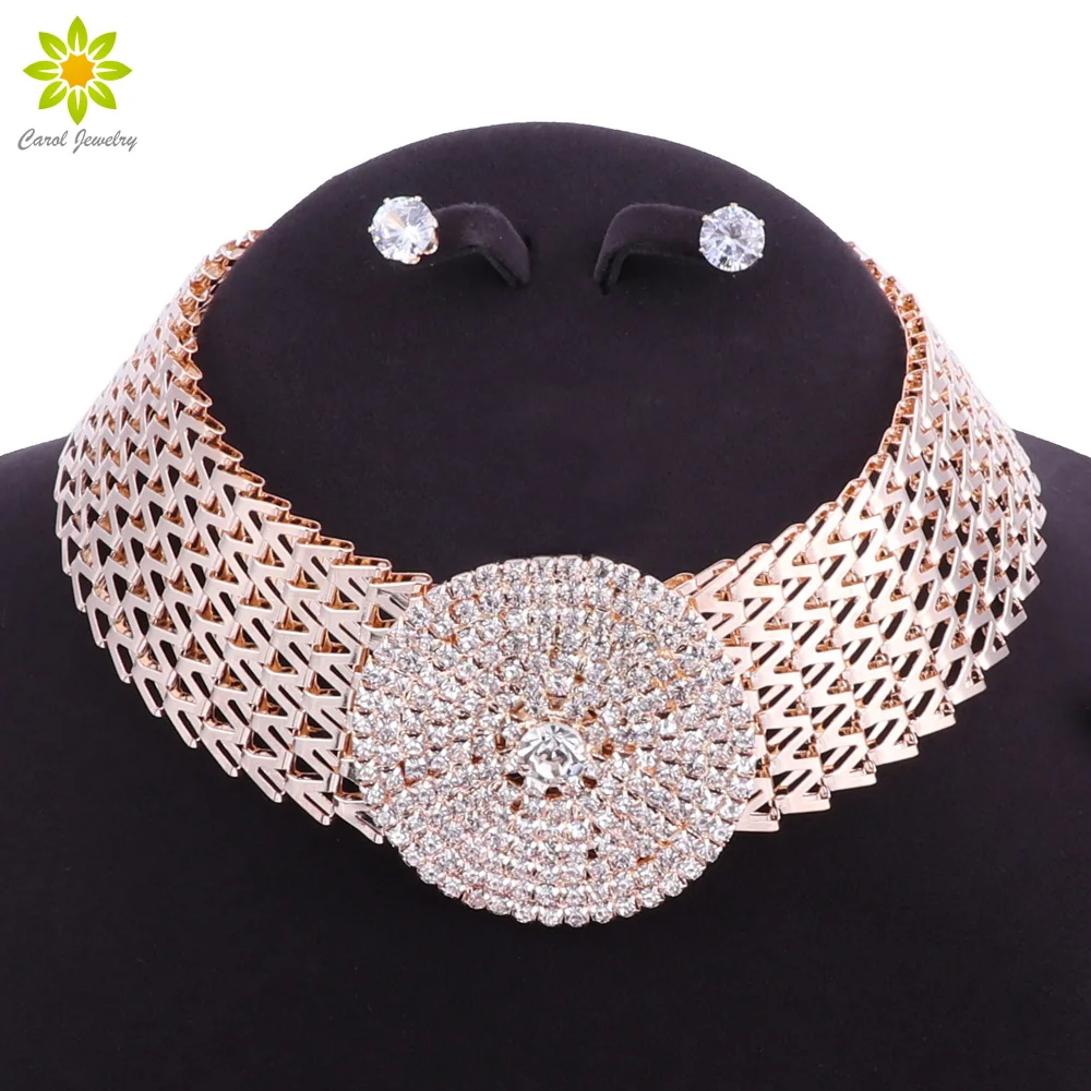 Crystal Bridal Jewelry Sets Gold Color Rhinestone Necklace Wedding Engagement Jewelry Sets for Women