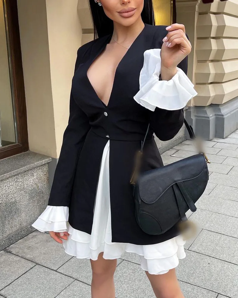 

Sexy Deep V Contrast Ruffle Dress Women 2022 Elegant Commuter Long Sleeve Black Dresses vestidos elegantes para mujer