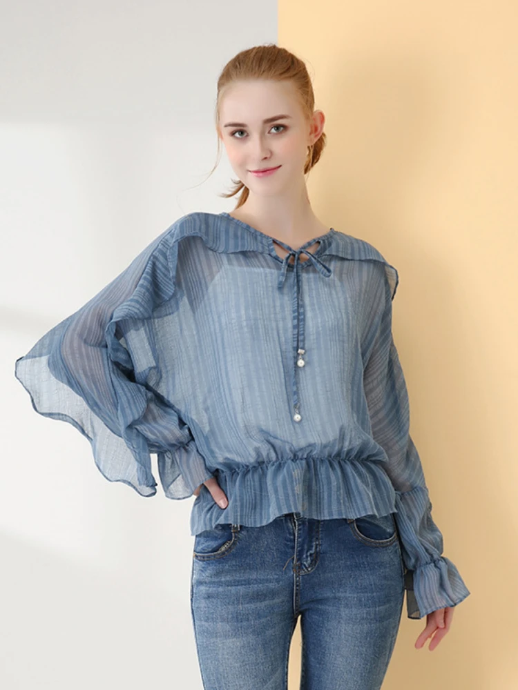 

Новинка Весна 22022 женская одежда свежая Милая шифоновая свободная прозрачная куртка с длинными рукавами и листьями на поясе