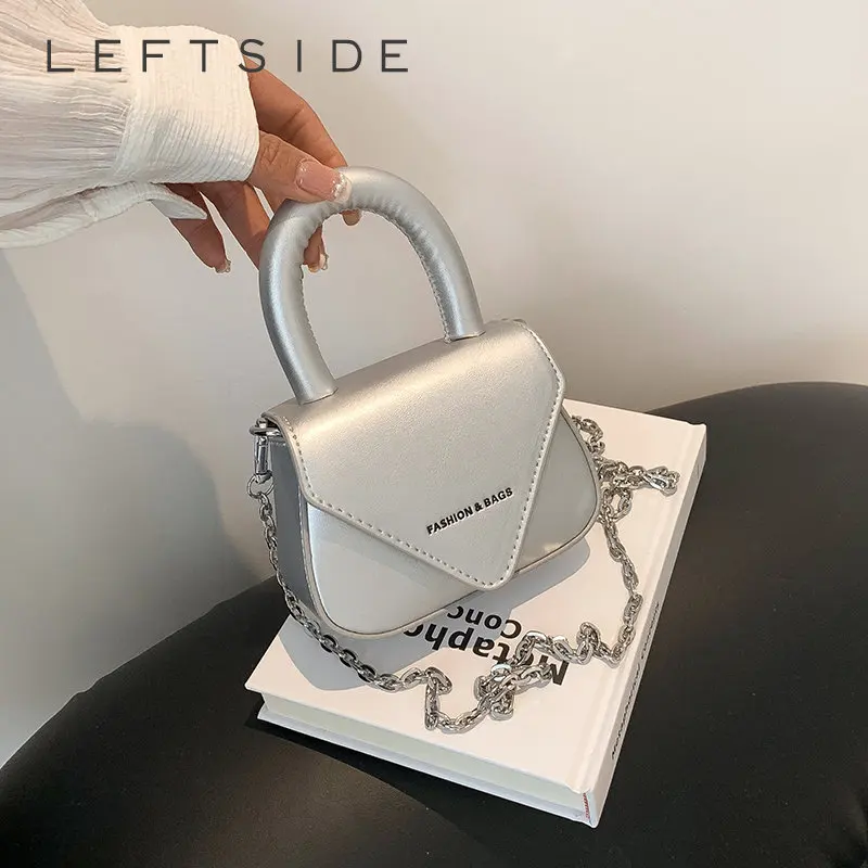 

LEFTSIDE Y2K Mini Leather Crossbody Bags with Short Handle 2023 Designer Handbags and Purses Luxury Silver Chain Tote Bag