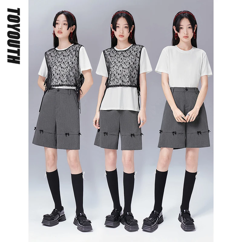 

Женская футболка с коротким рукавом и круглым вырезом, со съемным кружевом