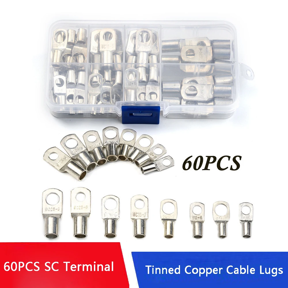 

60/140pcs Tinned Copper Cable Lugs SC Type Ring Terminal Wire Crimp Connector Battery Terminals Soldered Connectors Kit