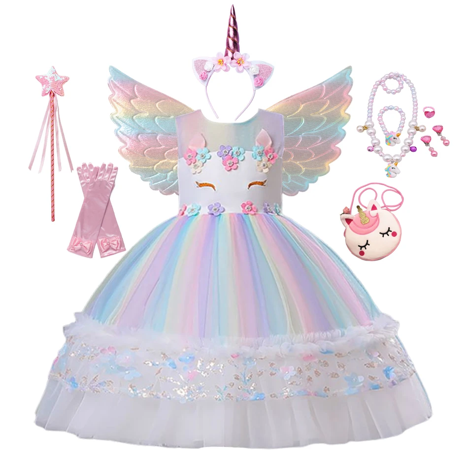 

Toddler Girls Dress Pastel Rainbow Princess For Wedding Evening Birthday Party Dress Unicorn Cosplay Perform Children Costume