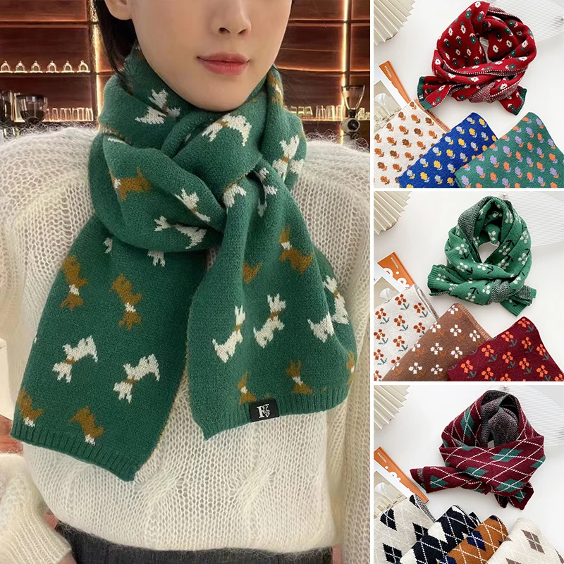 

22*160cm Women Knitted Scarf Winter Warm Woolen Yarn Animals Print Shawl Wraps Soft Neck Muffler All Match Long Knit Scarves