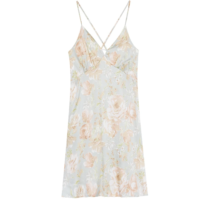 CAIYIER Summer Sexy Lingerie Nightdres Flower Sling V-Neck Silk Nightwear Sexy Backless Cross Spaghetti Strap Female Sleep Dress