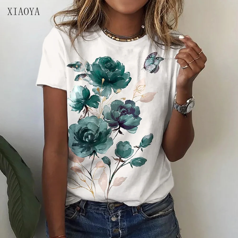 

T-Shirts Woman Summer 2022 Flower Graphic T Shirts Beautiful Women's Blouses Sweat Mesh Top Korean Fashion Short Sleeve Tee 6XL