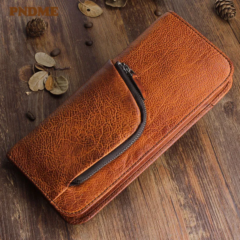 

PNDME vintage luxury genuine leather men's long clutch bag designer high quality natural real cowhide multi-card holder wallet