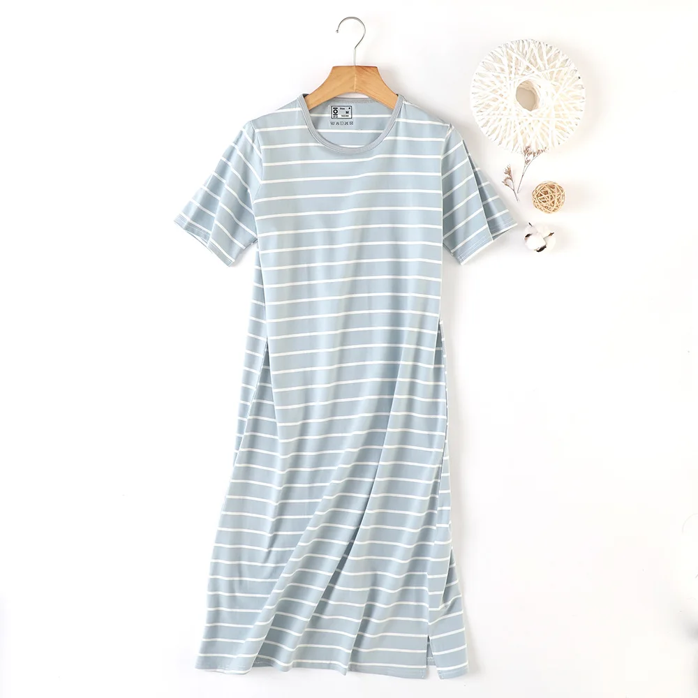 Spring and Summer Home Clothes Striped Dress Women Plus Size Short-sleeved Cotton Nightwear Sleep Tops Sexy Sleepwear Night Gown