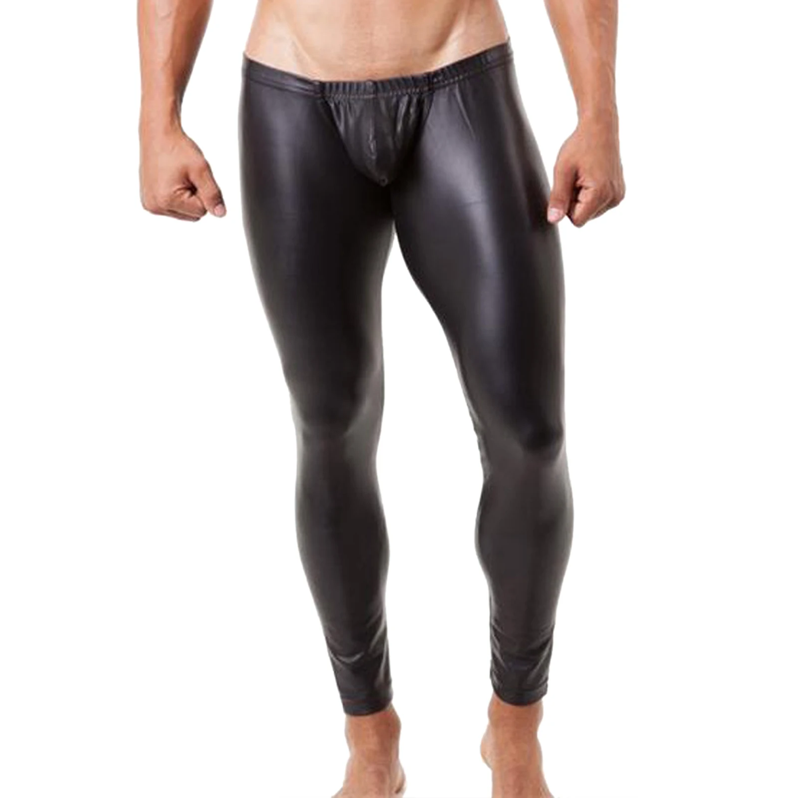 Men Patent Leather Tight Pants Elastic Waistband Bulge Pouch Skin-tight Pants Leggings Stretchy Fitness Sports Pants Clubwear