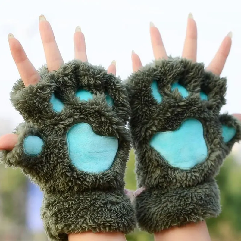 

Women Bear Plush Cat Paw Claw Gloves Winter Faux Fur Cute Kitten Fingerless Mittens Gloves Christmas Halloween For Womens Girls