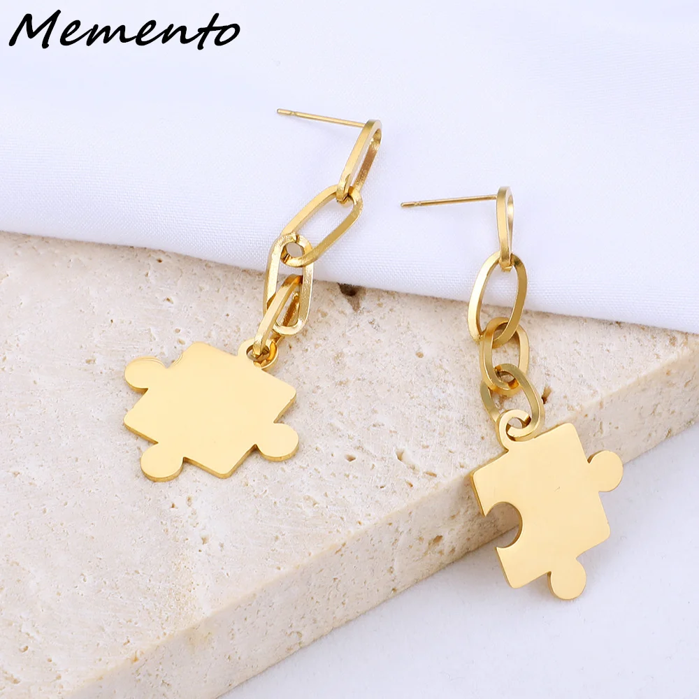 

Серьги-пазлы Memento на заказ, индивидуальные золотые Клипсы из нержавеющей стали, цепочка, значок, гвоздик, украшения для ушей для женщин, рожд...
