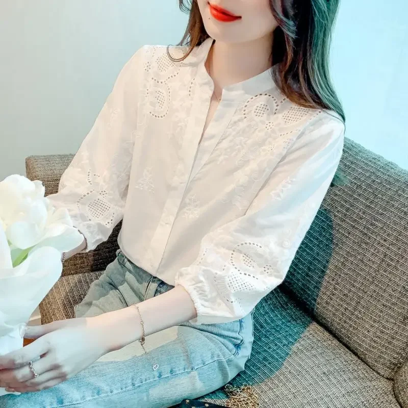 Модная облегающая женская блузка Новинка весна-лето белая рубашка с вышивкой