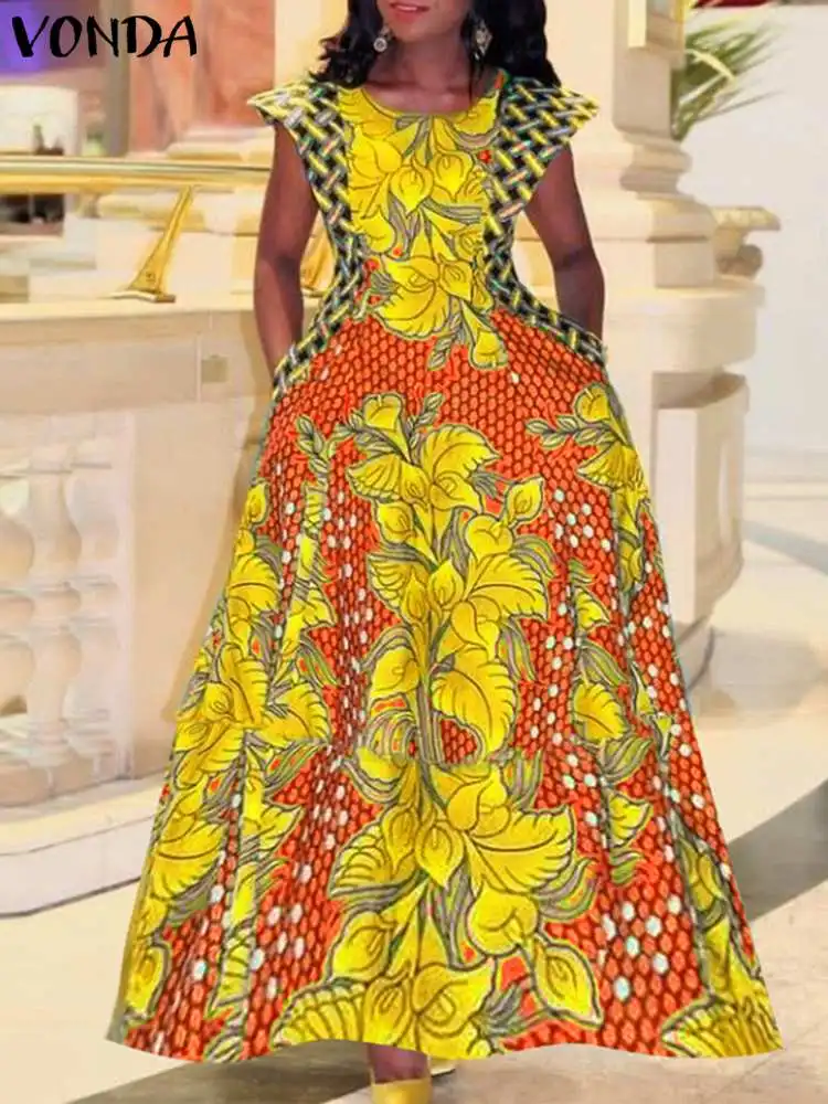 

Summer Sundress VONDA 2023 Women Bohemian Printed Dress Short Sleeve Elegant Maxi Casual Loose Pocket Vintage Holiday Robe Femme