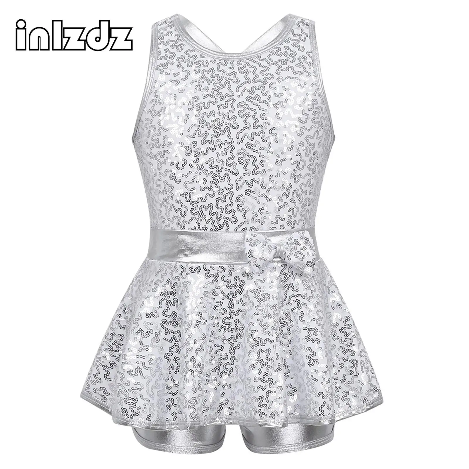 

Kids Girls Jazz Modern Tap Dance Dress Shiny Sequin Performance Leotard Skirted Dance Costumes Sleeveless Ballet Unitards