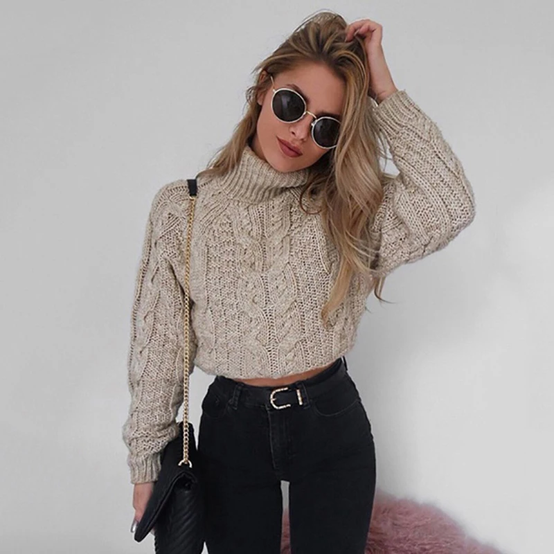 

Women Twist Knitting Turtleneck Short Pullovers Autumn Winter Solid Female Sweater Sexy Long Sleeve Ladies Crop Top