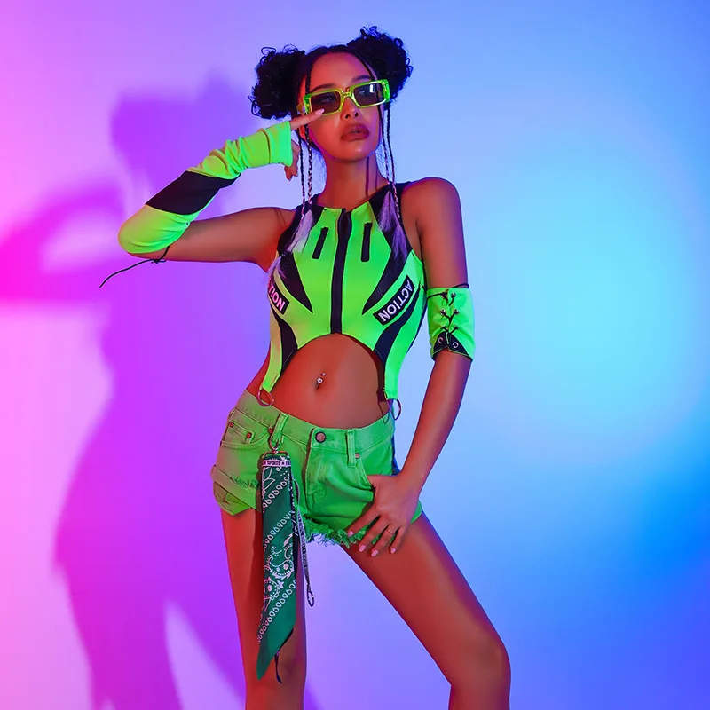 

Fluorescent Green Gogo Dancer Costume Women Summer Top Vest Shorts Sexy Nightclub DJ Bar Rave Kpop Outfit Jazz Performance Wear