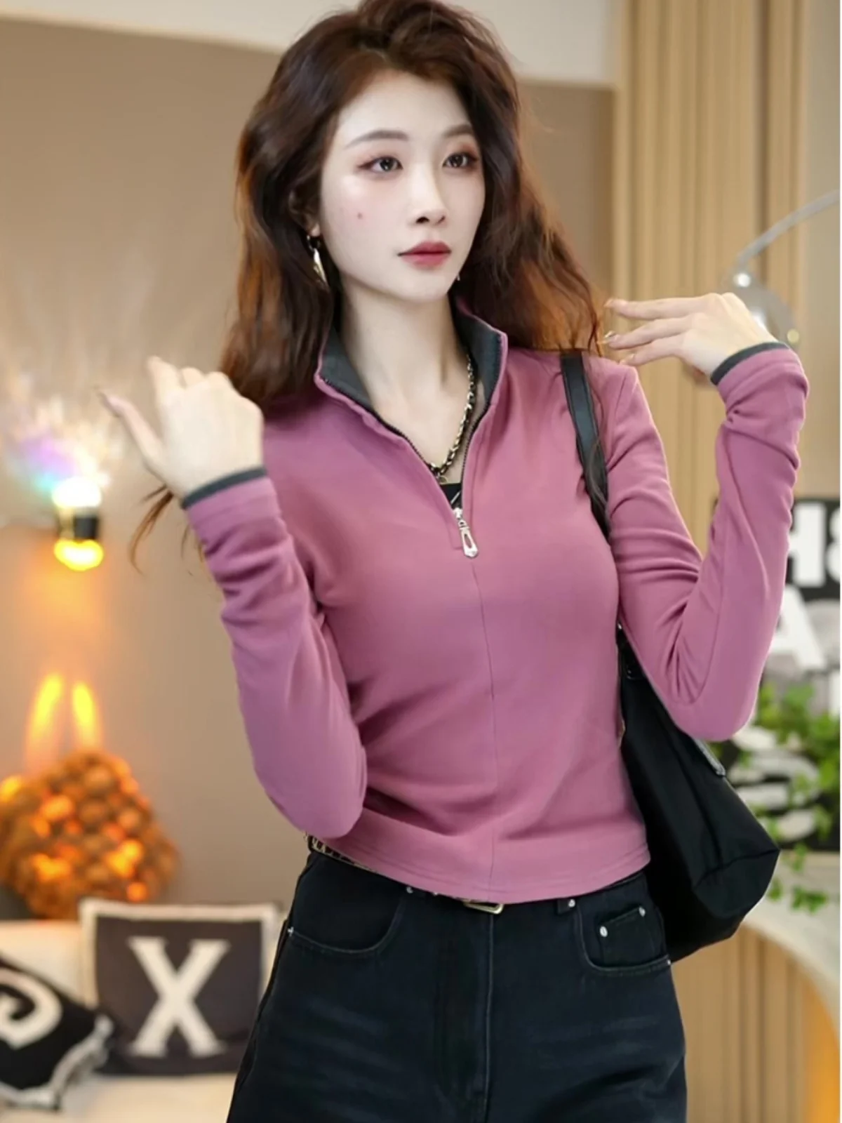 Korean Series Zip-up Half-high Collar Double-sided Plush Contrast Color Knit Women Autumn and Winter New Long sleeve Warm Ela...