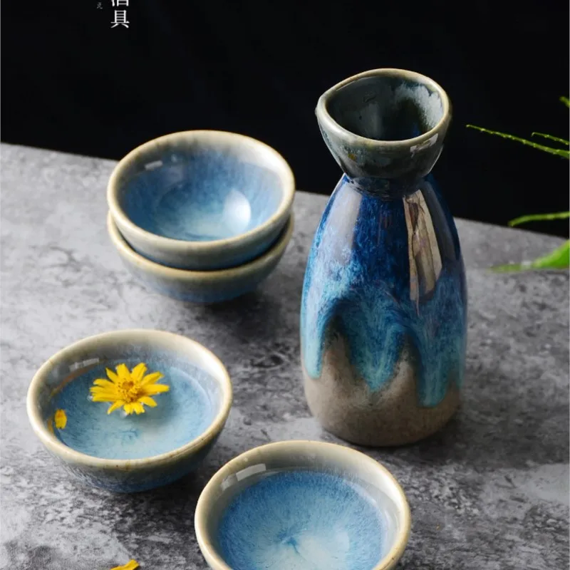

5Pcs Retro Japanese Style Sake Set Ceramic Flagon Liquor Cup 1 Pot 4 Cups Home Bar Sake White Wine Pot Creative Drinkware ZC232