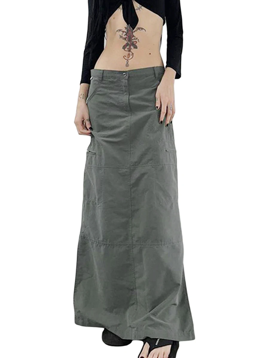 Women Casual Streetwear Skirt Solid Color Wide Hem Split Long Cargo Skirt Gray