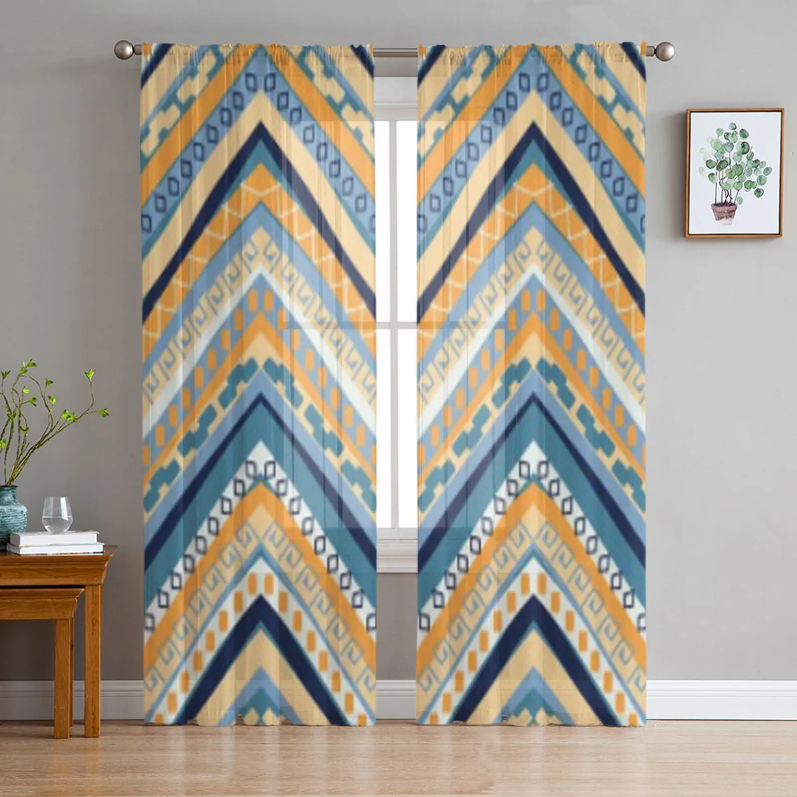 

Abstract Ethnic Geometric Pattern Tulle Sheer Curtains for Living Room Bedroom Kitchen Decoration Voile Organza Curtains