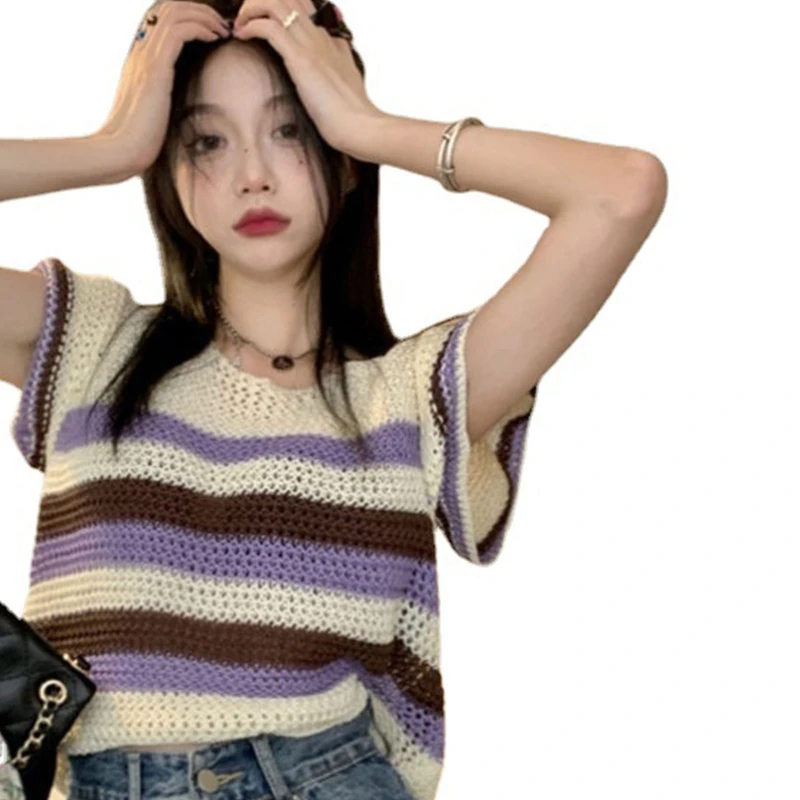 

Женский укороченный свитер, летняя тонкая футболка с коротким рукавом, ажурная вязаная полосатая Повседневная Свободная футболка, накидка
