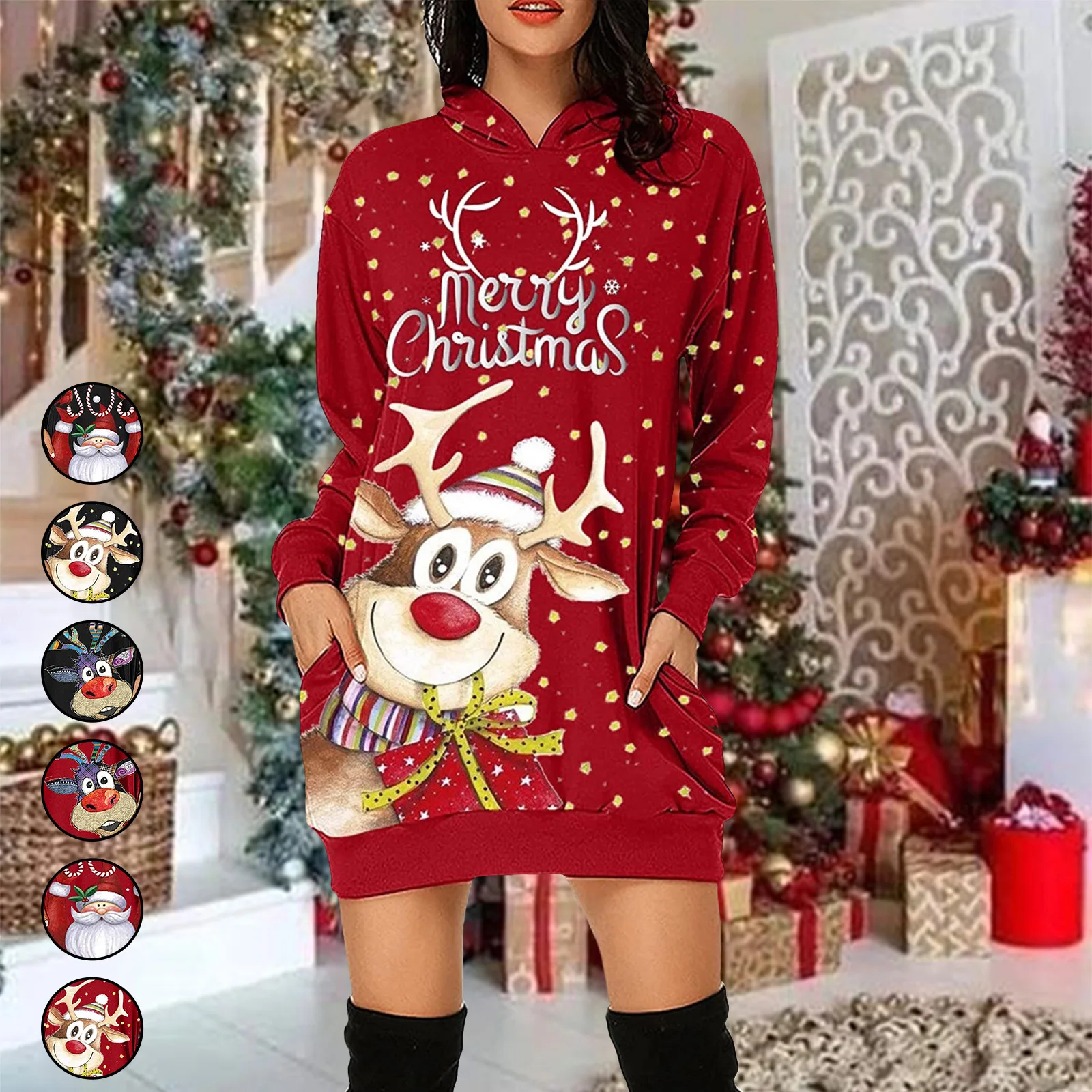 

Fall Long Sleeve Christmas Elk Print Women Dress Fashion Hooded Loose Mini Party Dresses Vintage Femme Long Hoodies For New Year