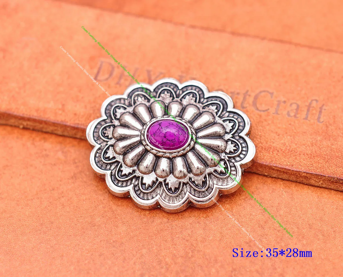 

35*28MM Antique Silver Southeast Indian Flower Art Purple Turquoise Concho Screwback For Leathercraft Belt Halter Hardware
