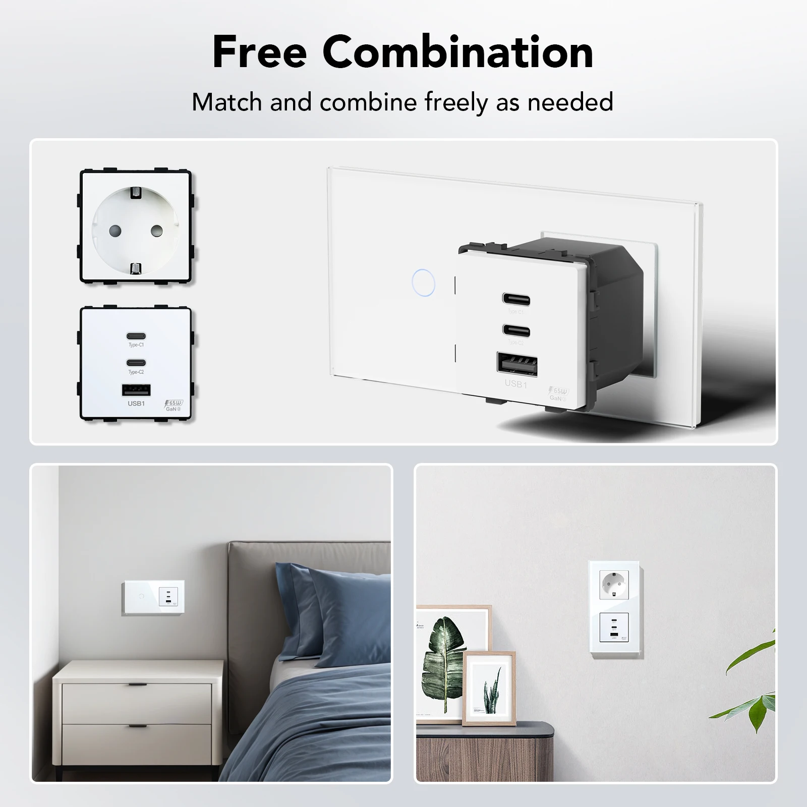 Фото BSEED 1/2/3/4Gang Light Touch Switch 1Way Plus 65w Dual Type-c USB Super Fast Charging Socket Порты Стеклянная панель Стандарт ЕС №2