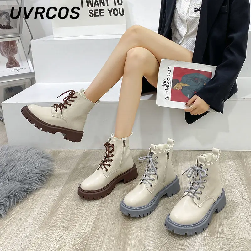 Thick-soled Single Boots Short Women British Style Fleece Fashion Lace-up Solid Color Low-heeled Short-tube New