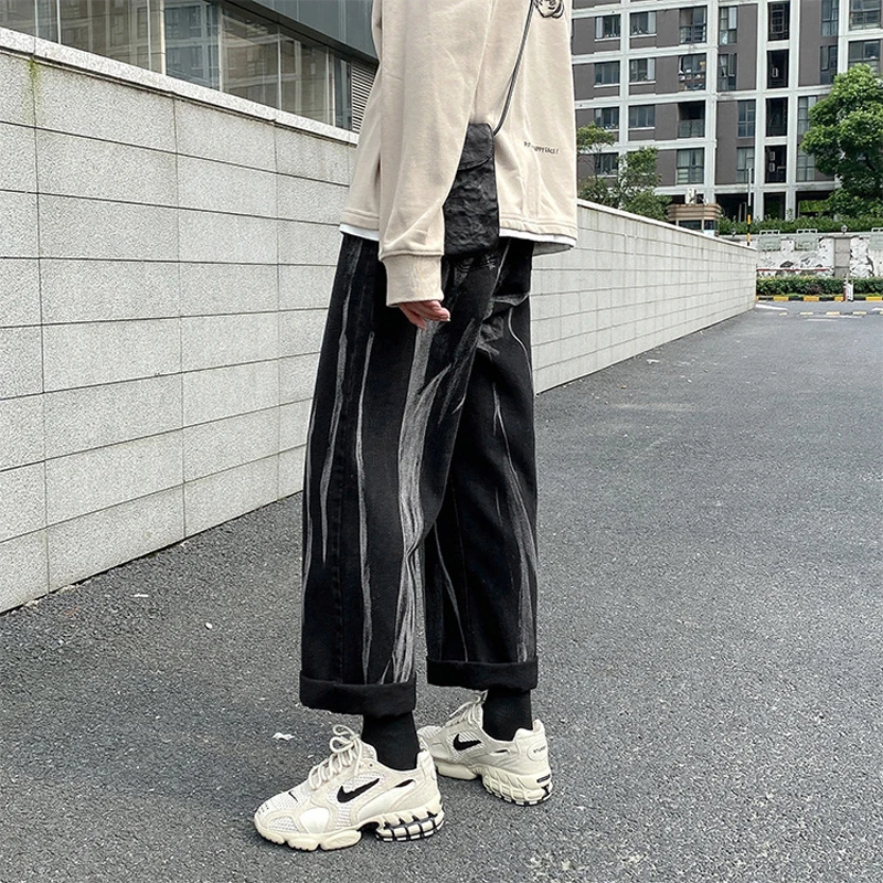 YIHANKE Men's Fashion Wide Leg Pants Baggy Homme Men Denim Trousers Classic Cargo Pocket Jeans Blue Men Casual Pants S-3XL