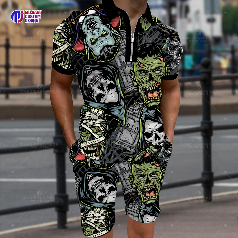 2023 Men's Short Sleeve Shirt Skull Series 3D Printing Top Casual Fashion Zipper Lapel Polo Shirt Street Hip Hop Oversized