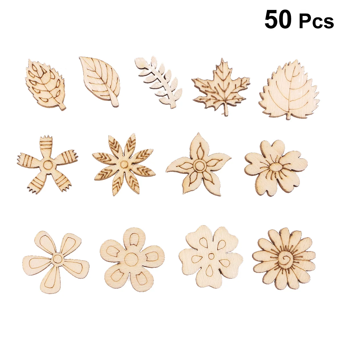 

50PCS DIY Doodle Educational Flower Leaves Natural Wooden Slice Scrapbooking Embellishments DIY Craft Decor - Random