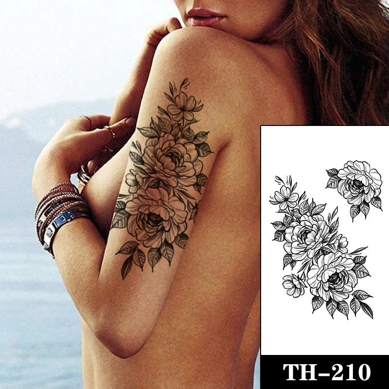 

Peony Rose Tattoo Sticker Fake Sketch Flowers Waterproof Temporary Tattoo for Women Men Black Leaves Totem Tatoo Sticker for Arm