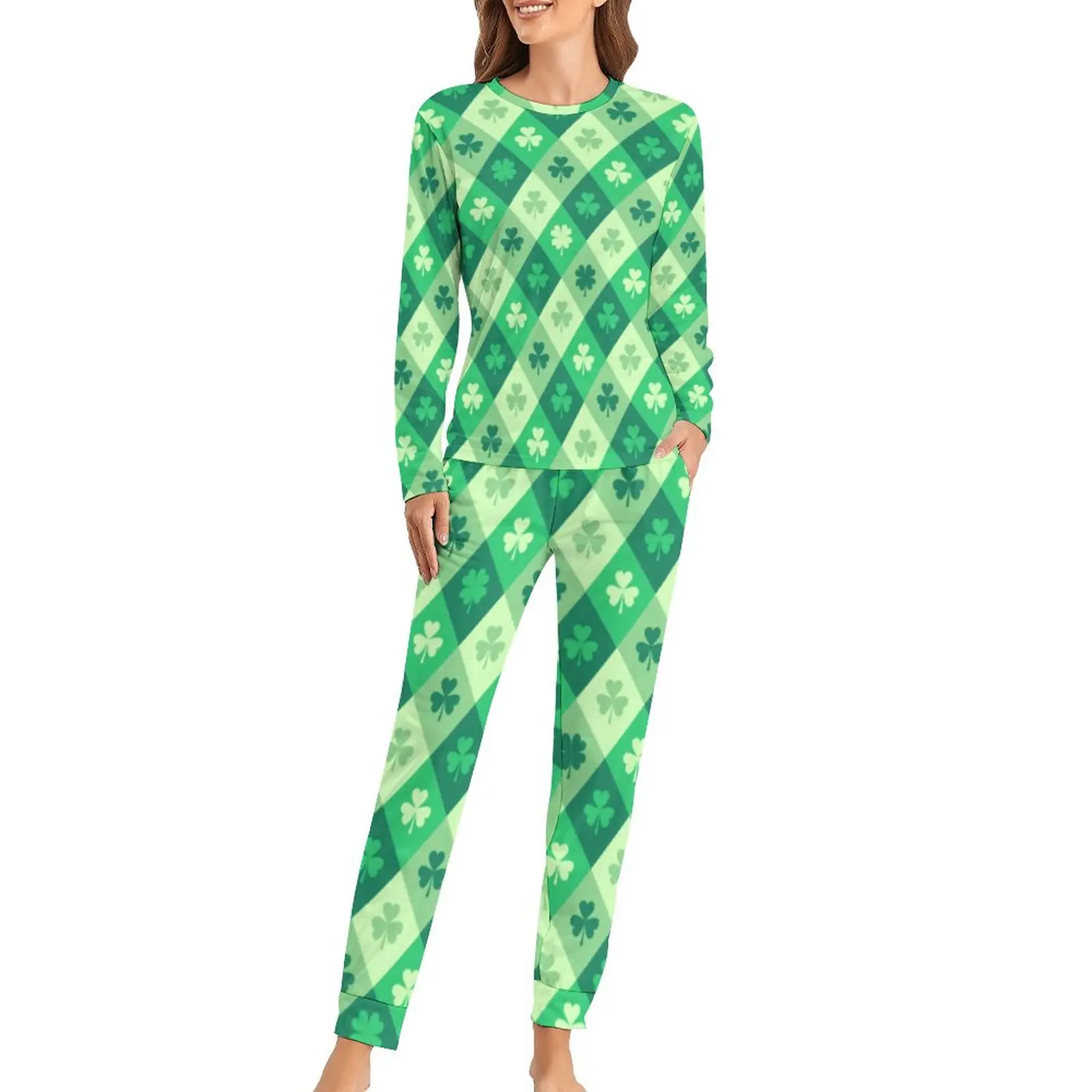 

Green Shamrock Pajamas Women Lucky Saint Patricks Day Kawaii Nightwear Daily 2 Pieces Home Oversize Pajama Sets