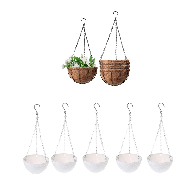 

5PCS Metal Hanging Flower Basket With Coco Coconut Shell With 5Pcs Round Plastic Hanging Basket Flower Pot