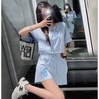 womens leisure sports suits 2022 new summer trendy letter printed simple short sleeve crop top elastic waist loose hot shorts