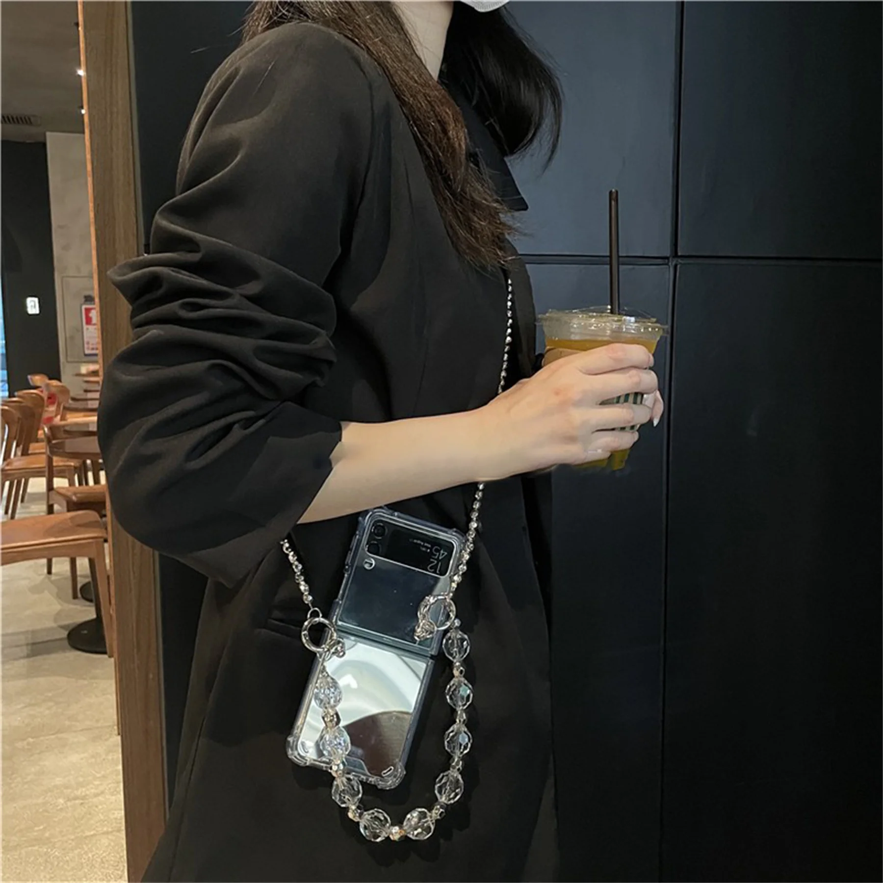 

Luxus Koreanische Strass Perlen Armband Kette Spiegel Fall für Samsung Galaxy Z Flip 3 5G Z Flip3 Zflip3 Zflip4 flip4 Abdeckung