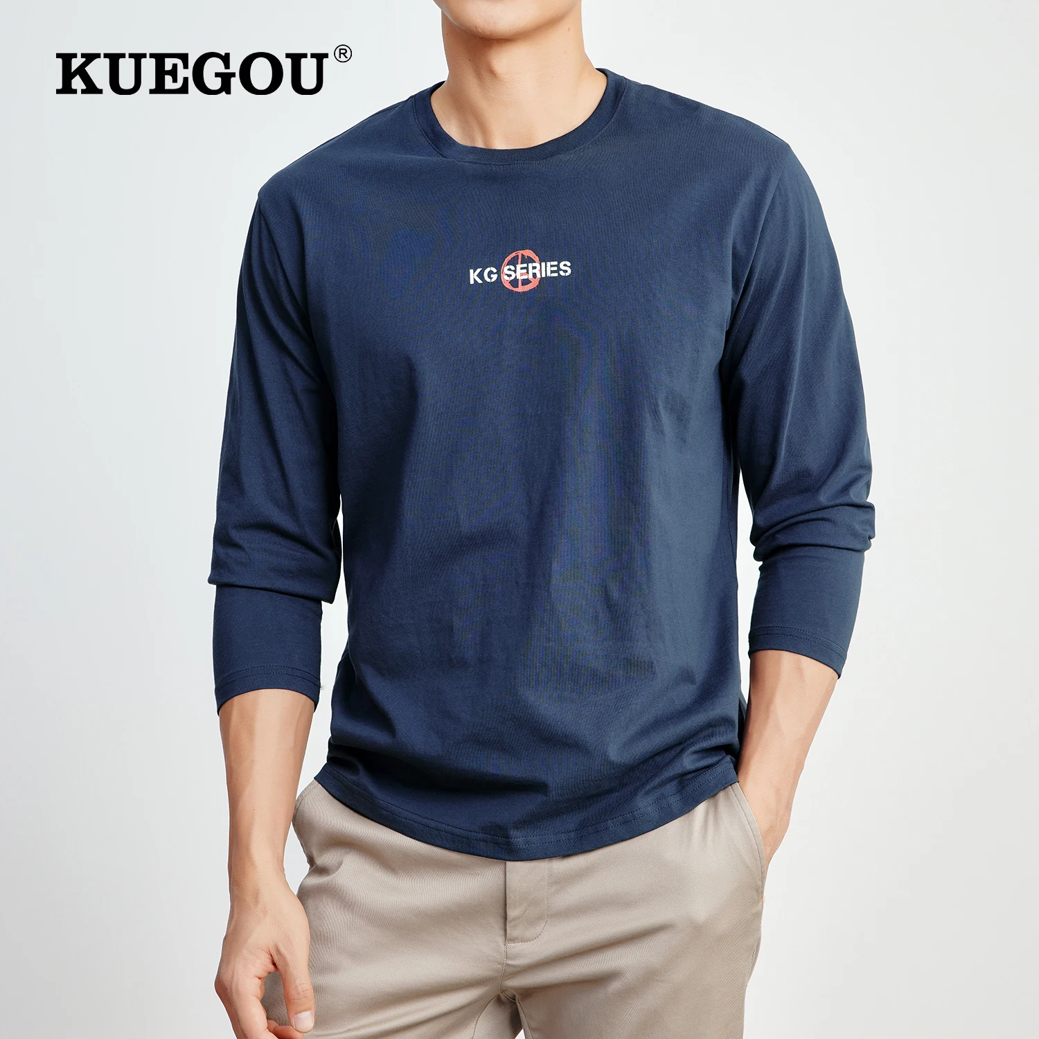 

KUEGOU 2022 Spring New 100% Cotton long sleeve T-shirt Men Letter Print tshirt Fashion Sapphire Top Plus Size ZT-60030