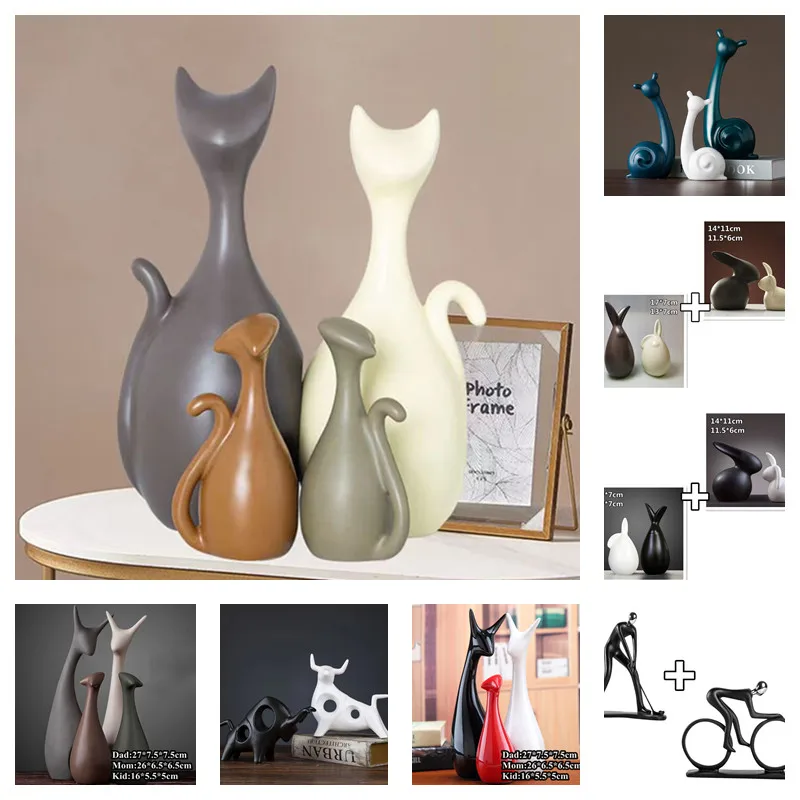 Nordic Ins Glaze Ceramic Ornaments Porcelain Cat Decorations Home Cabinet Deer/Rabbit/Snail/Bull/Tree Figurines