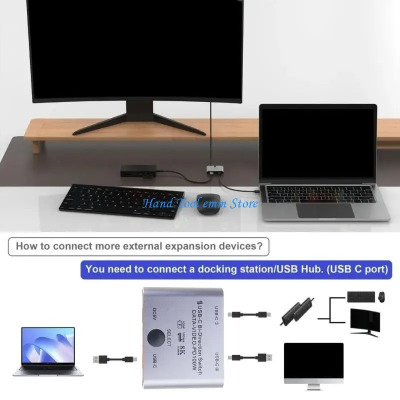 Фото H37F Двунаправленный коммутатор USB C 8K для 2 компьютеров с быстрой зарядкой 100 Вт, передача данных 10 Гбит/с, идеально для на №4